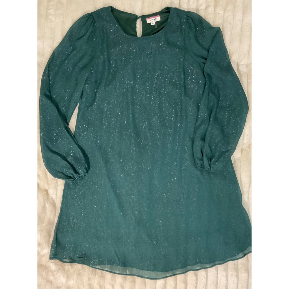 Andree by Unit Womens Emerald Green Shimmer Long Sleeve Shift Dress Medium 94806